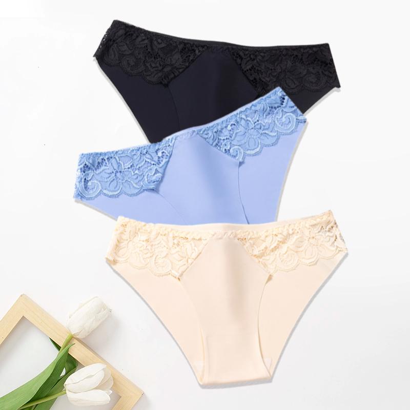 3Pcs/Set Lace Woman Panties Silk New Female Underwear for Woman Seamless Solid Lingerie Panties 3Pcs Free Shipping