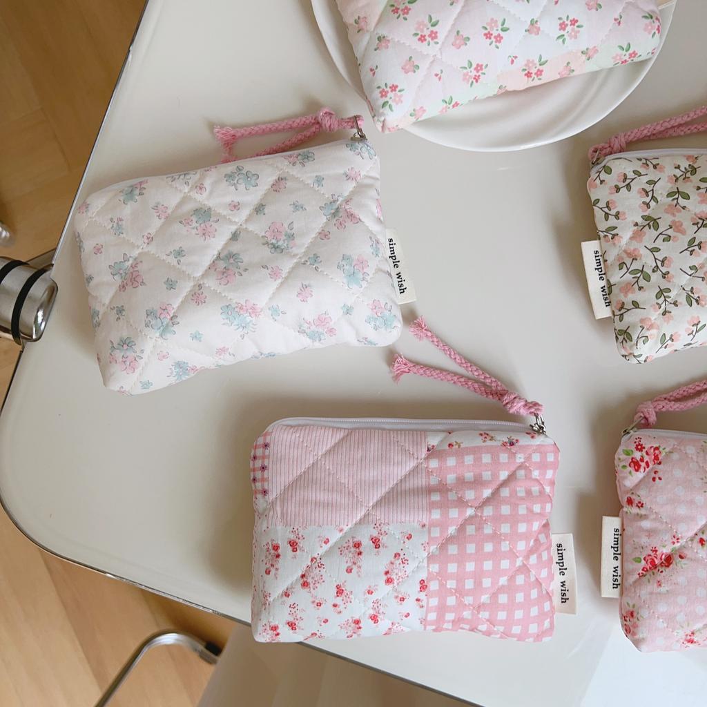 Cute Pink Floral Cotton Makeup Bag Mini Lipstick Cosmetic Pouch for Women