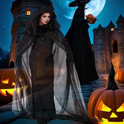 Halloween Gauze Cape with Hood Adult Full-Length Sheer Mesh Hooded Cloak Halloween Witch Cosplay Costume for Renaissance Medieval Party