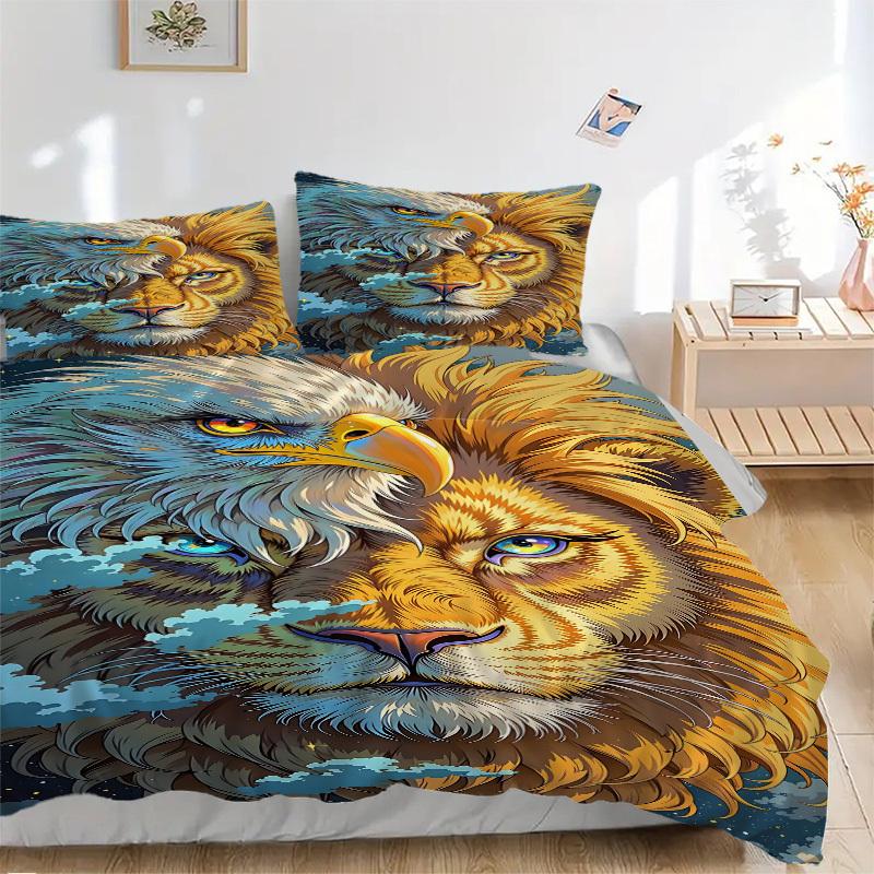 

3pcs Eagle Lion Artwork Bedding Set - 1 Duvet Cover + 2 Pillowcases(Core Not Included), Machine Washable Polyester yy251216111 135x200cm
