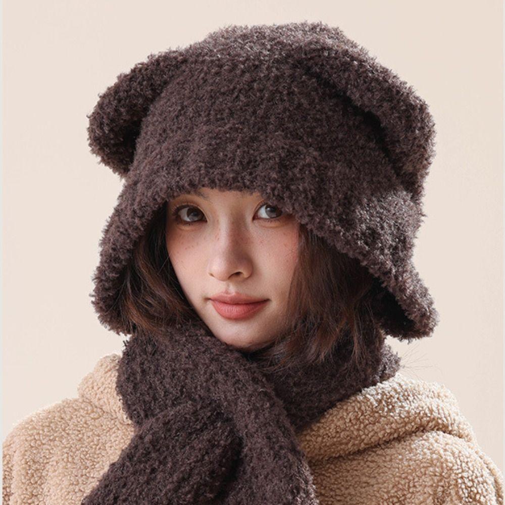Velvet Cute Beanies Cap Hat Scarf Integrated Fashion Plush Bear Ear Hat  Streetwear