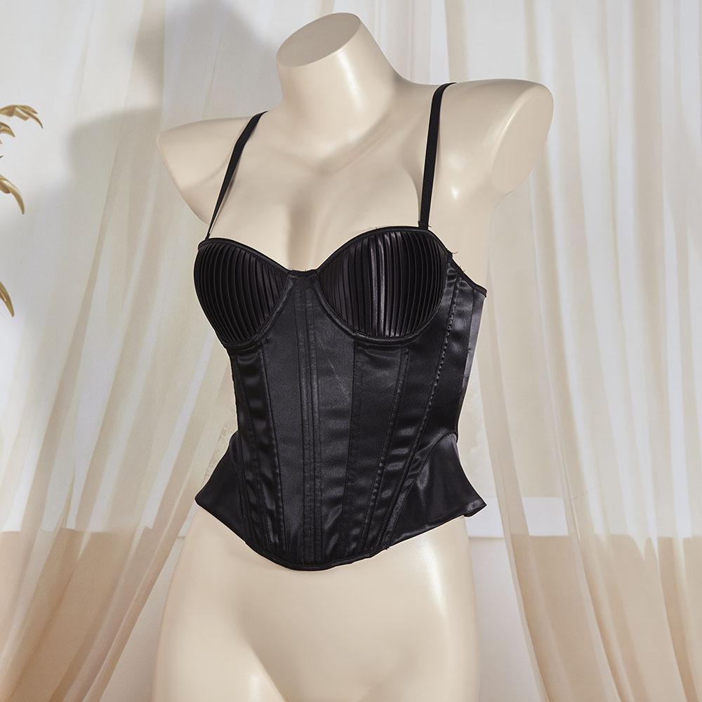 Damski satynowy gorset z fiszbinami, push-up bustier, sznurowany z tyłu, regulowane ramiączka, modelujący sylwetkę