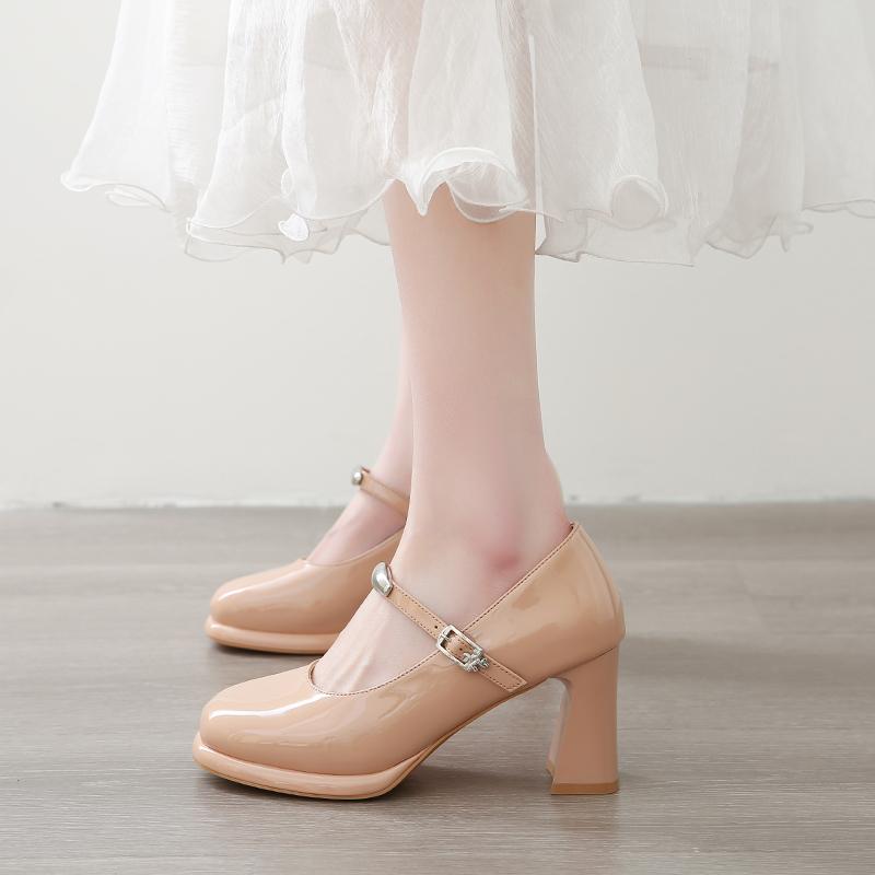 Fashion Summer High Heels Women's Square Head Shallow Mouth Bright Leather Metal Buckle Line with Anti-slip Wear Shoes