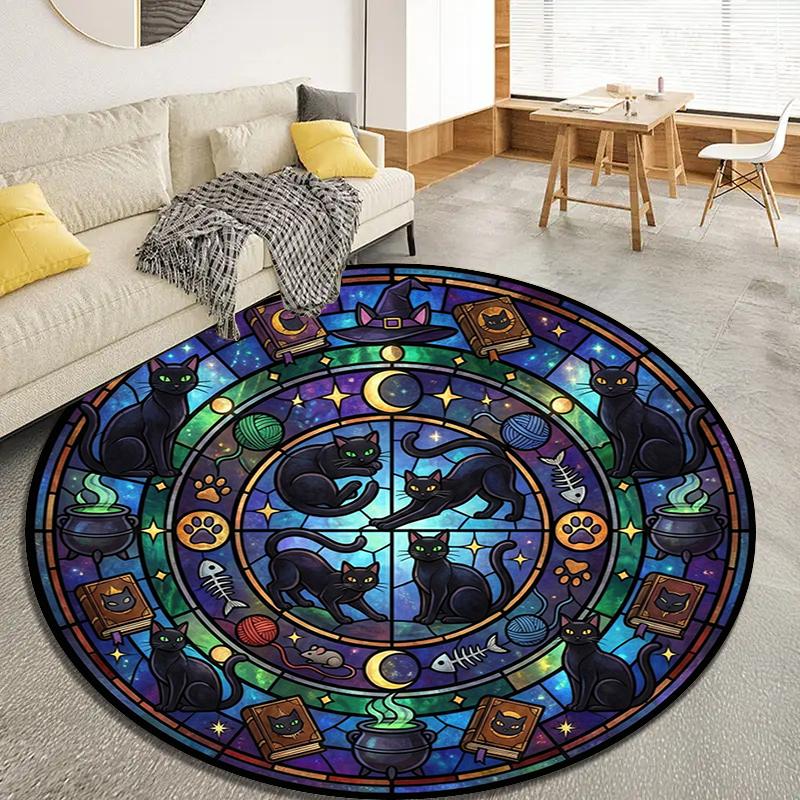 Stained Window Black Cat Round Area Rug,Carpet Rug for Living Room Bedroom Sofa Playroom Decor,Non-slip Floor Mat Q0043