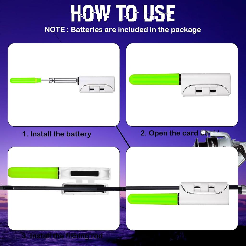 Glooglitter 6 Pcs Fishing Glow Sticks Led Fishing Pole Light Night Fish Alert Glow Stick With 8 Pcs Rechargeable Cr425 Battery And Battery Charger