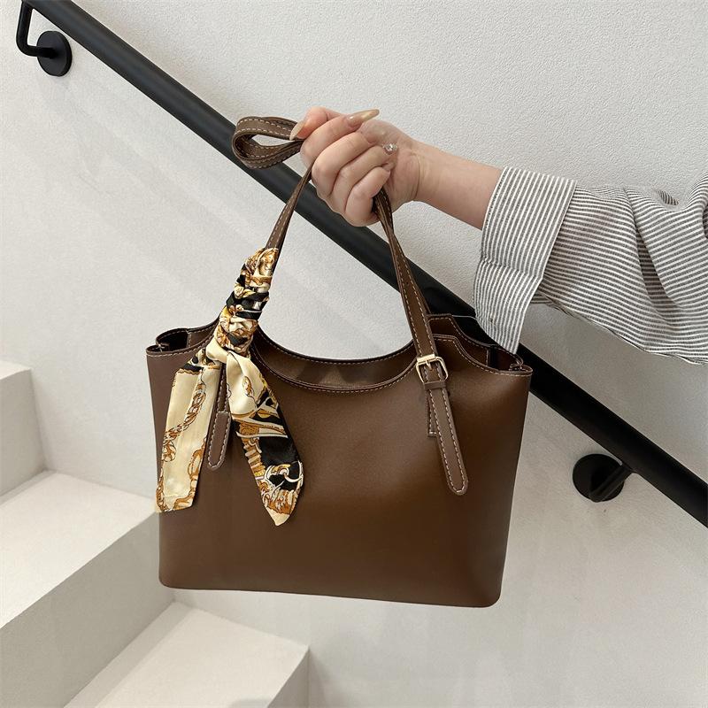 Chic Silk Scarf Handle Tote Bag for Women Stylish Bucket Shoulder Handbag