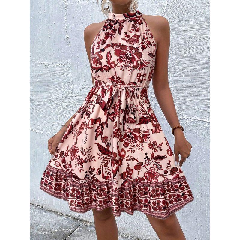 

Summer Floral Hanging Neck Waist Hugging Sleeve Print One piece Dress Women clothing Print Hanging Neck Short dress Printed Dress Red Flower M