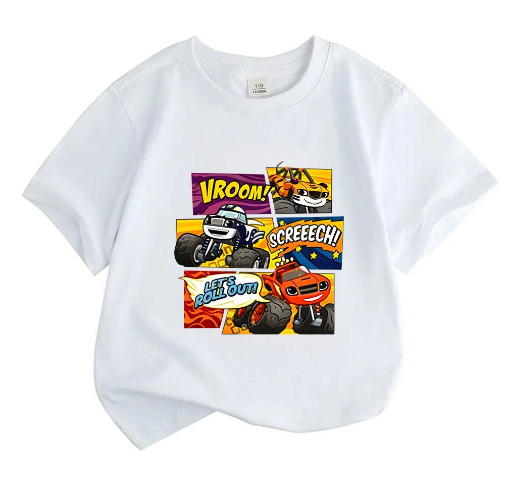 Kids Boys Girls 100% Cotton Short Sleeve Crew Neck T-Shirt, Cartoon Monster Truck Vroom Print Casual Tees for Children, Racing Vehicle Graphic Cute Su