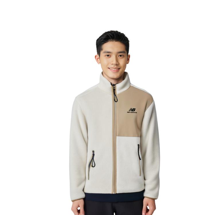 New Balance Contrasting Colors Knit Suede Sports Stand Collar Logo Lamb's Wool Jacket Autumn Creamy White Men's AMJ13346-MSU