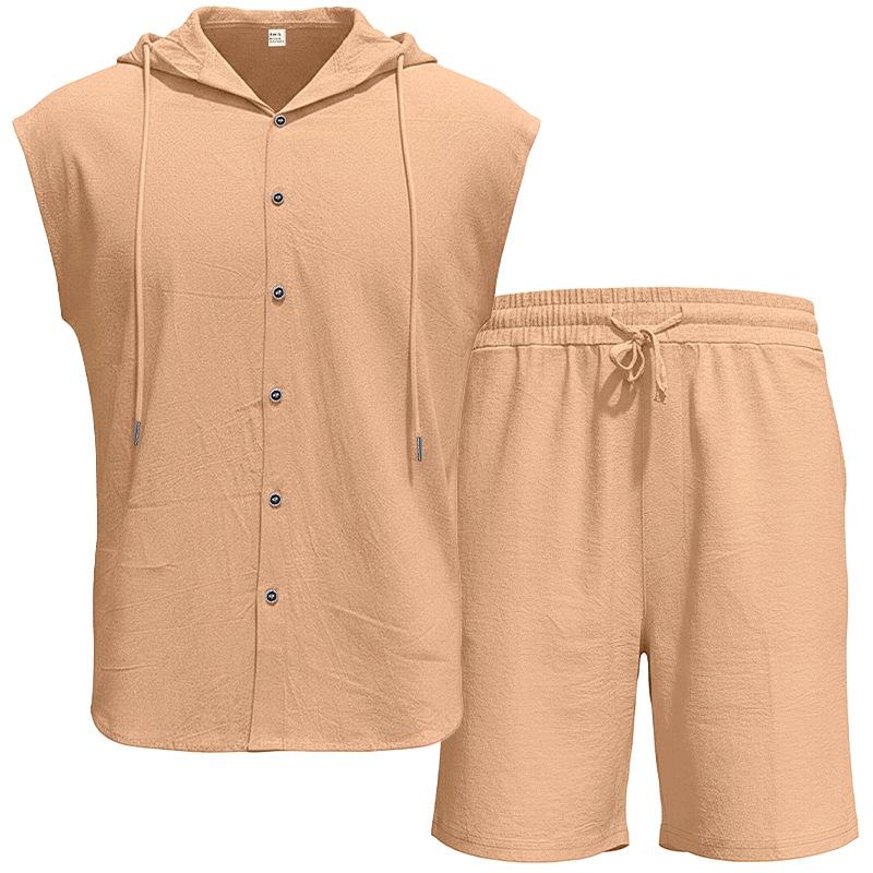 Men Shirt Shorts Two-piece Suit Hooded Sleeveless Shirt Adjustable Elastic Shorts Set Hiking Workout Summer Casual Outfit