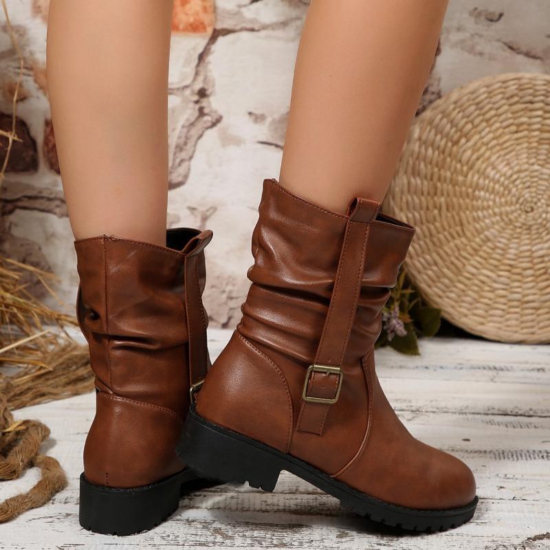 Booties Fall Winter New Round Toe Sleeve Belt Buckle Pleated Platform Non-Slip Block Heel Shoes