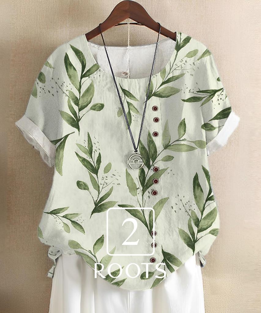 Second Roots Botanical Blouse with Floral and Leaf Short Decorative Summer Short Sleeve Loose Cut and Size Print, Sleeves, Buttons, Undershirt, Top,