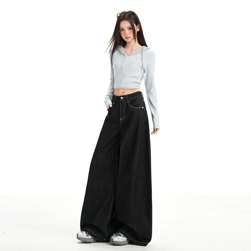 Women's High Waist Wide Leg Jeans American Vintage Non Stretch Black Denim Trousers Floor Length Casual Pants