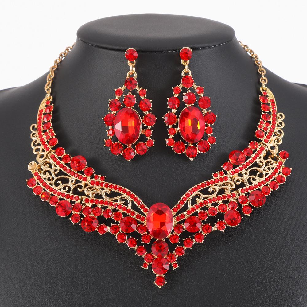 Women Crystal Necklace Earrings Indian Bridal Jewelry Sets Brides Wedding Party Costume Accessories