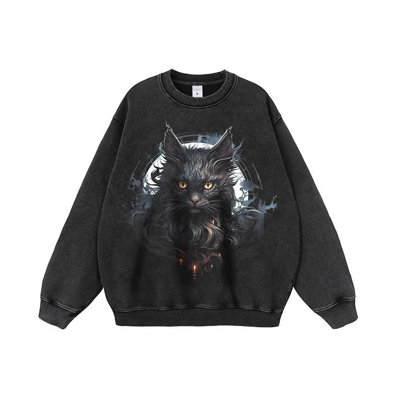 Unisex Oversized Cotton Hoodie With Black Cat Print Loose Fit Streetwear Long Sleeve Pullover
