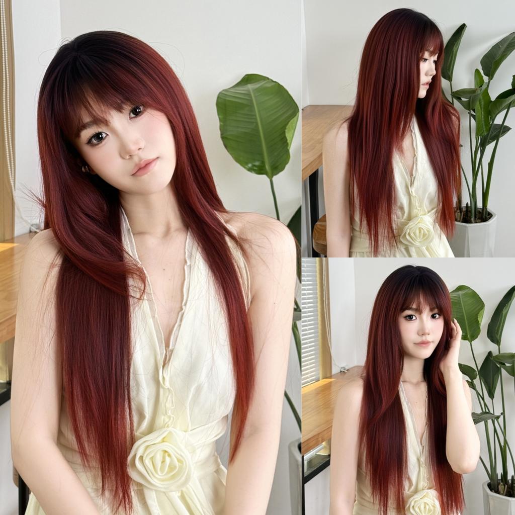 LOUIS FERRE Synthetic Fiber Wig For Women Long Straight Silky Daily Elegant Wigs Black Brown Fake Hair With Bangs High Resistant