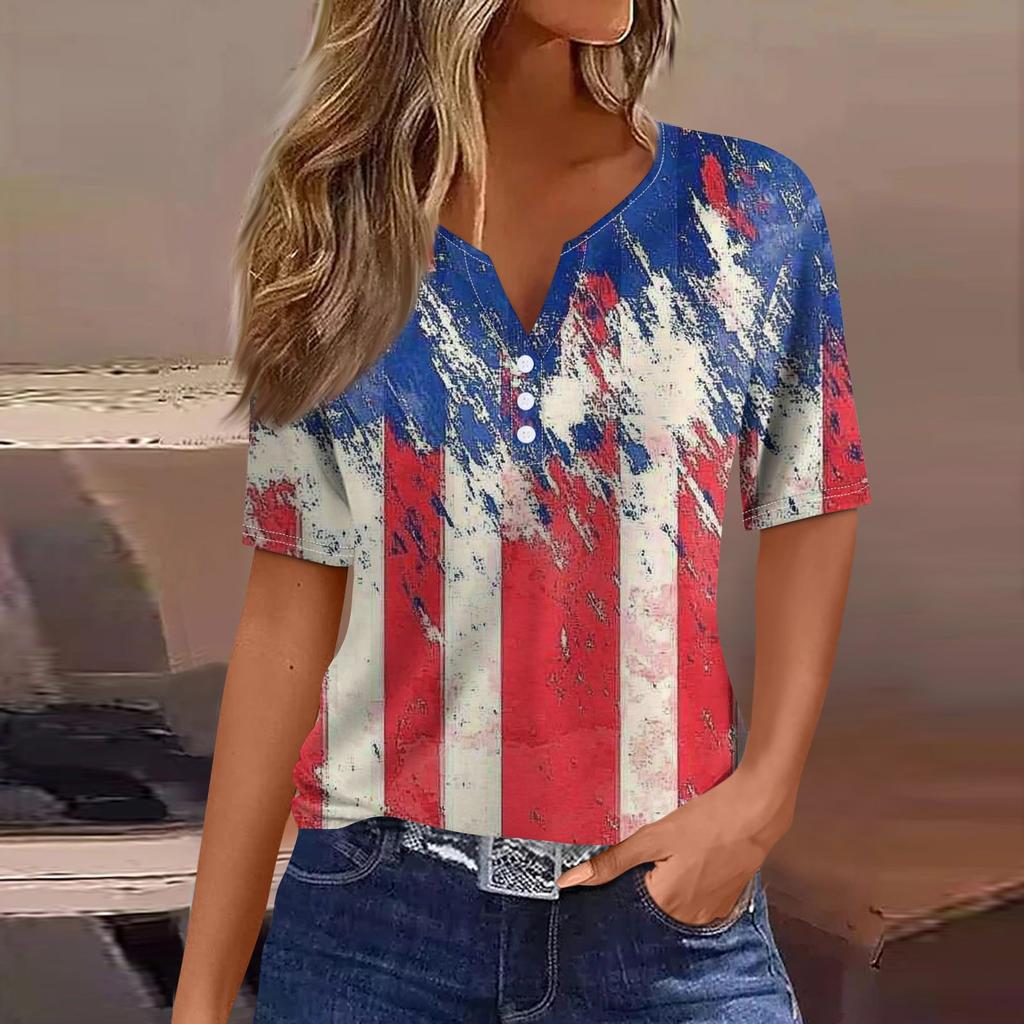 Damen-T-Shirt, T-Shirt, bedruckt, Knopfleiste, kurzärmelig, für den Alltag, Wochenende, modisch, Basic, V-Ausschnitt, normales Oberteil