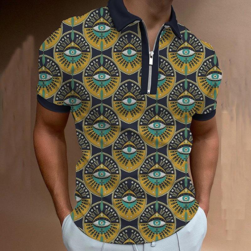 Men'S Zip-Up 3Dpolo Shirt, Printed Lapel, Short-Sleeved Pullover, Casual Wear