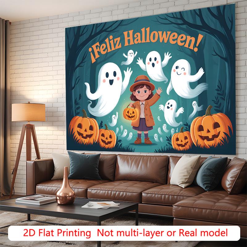 Party Backdrop Halloween Flat Spooky Ghosts Pumpkins Forest Scene Photo Background Decor Party Decor