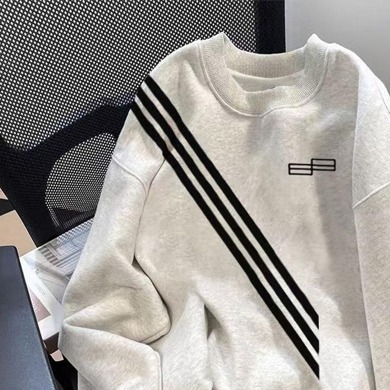 Crew neck sweater retro high street long-sleeved men's autumn and winter trend fleece thickened loose women's casual personalized top
