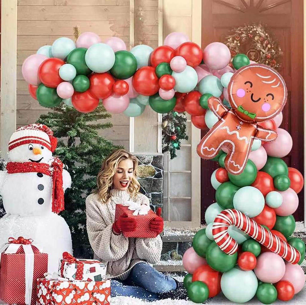 Christmas Gingerbread Man Candy Cane Lollipop Red Green Metal Latex Balloon Chain Set
