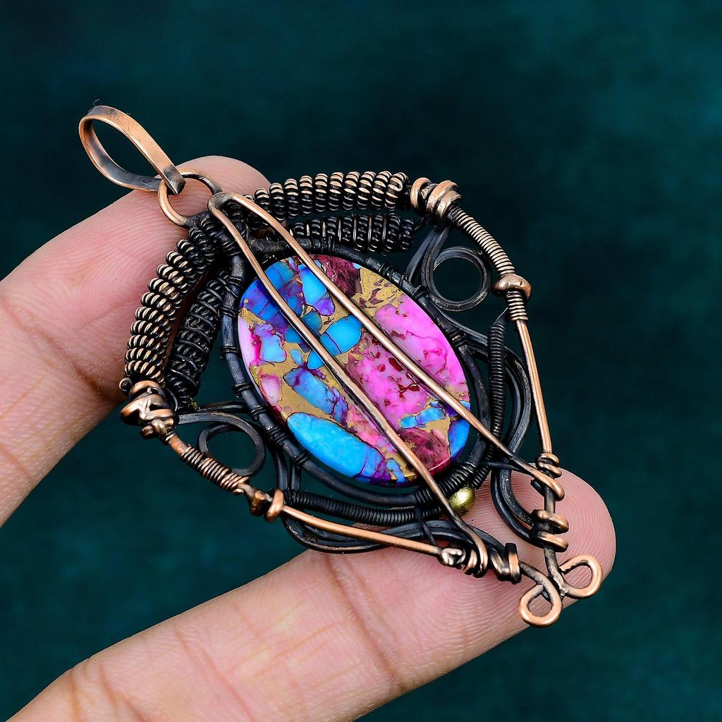 Natural Kingman Pink Dahlia Turquoise Copper Wire Wrap Pendant Handmade Pendant Natural Gemstone Jewelry Tree of Life Pendant Gift for Women