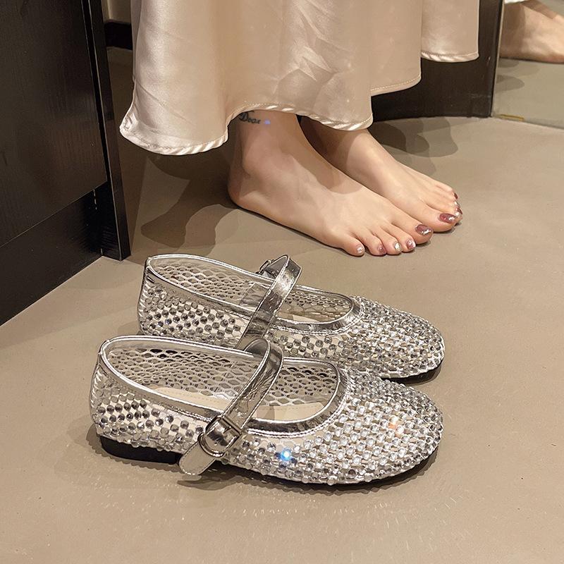 Pantofi de balet Mary Jane cu cataramă cu un cuvânt din plasă la modă, pantofi cu talpă plată cu diamante strălucitoare, noi 2025, pantofi unici respirabili, pantofi de damă