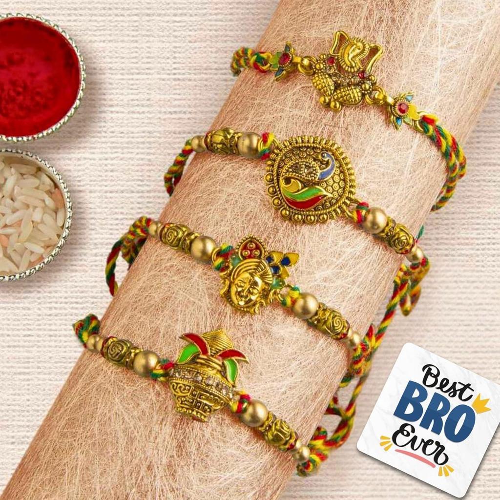 Set aus 4 Designer-Rakhis mit Lord Ganesha, Pfau, Krishna & Kalash, mit Roli-Chawal-Packung und Best Bro Ever Kühlschrankmagnet - Rakhi für Bruder