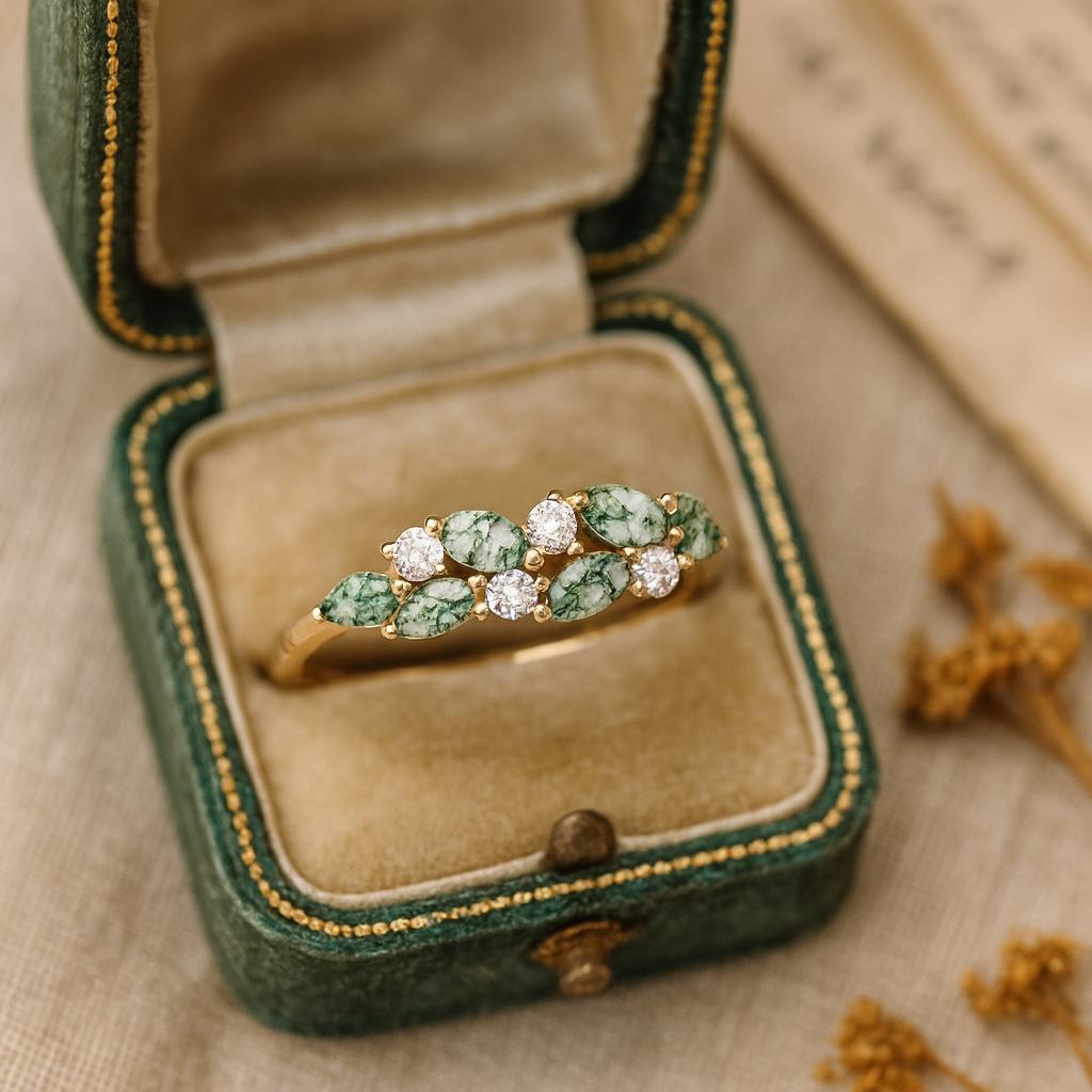 Wedding Engagement Anniversary Promise Gift – Natural Moss Agate Ring, Yellow Gold Plated Nature Inspired Green Gemstone Bridal Jewelry