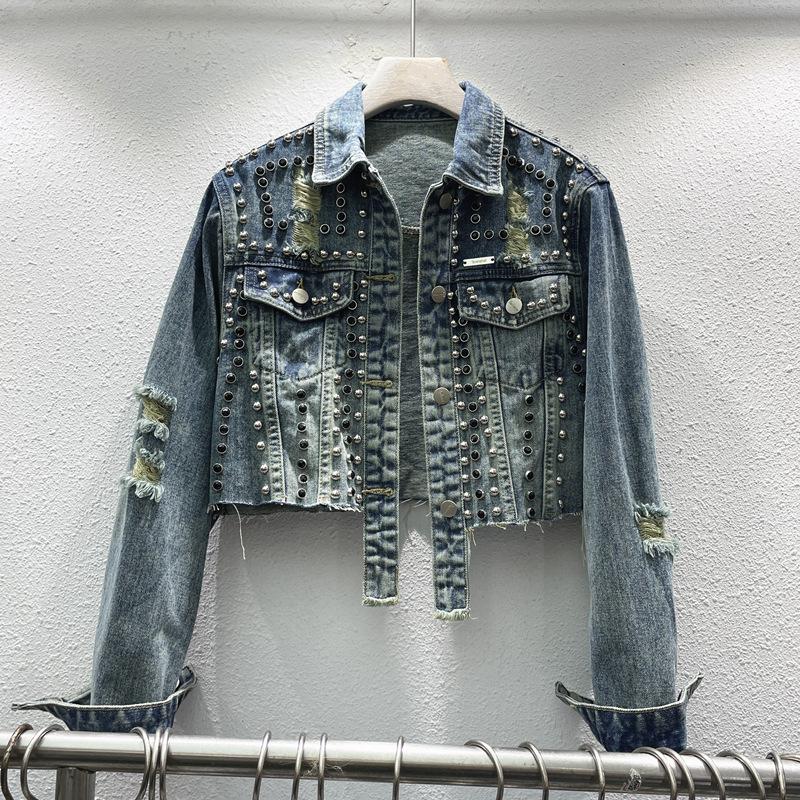 European Station Autumn New Street Spice Girl Heavy Industry Rivet Ripped Side Locomotive Denim Jacket Short Jacket Women S