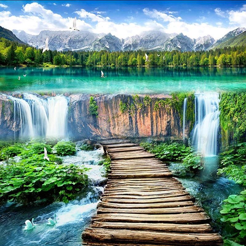 Waterfalls Landscape Wallpaper Wood Bridge Photo Mural Living Room Tv Sofa Backdrop Wall Mural Home Decor
