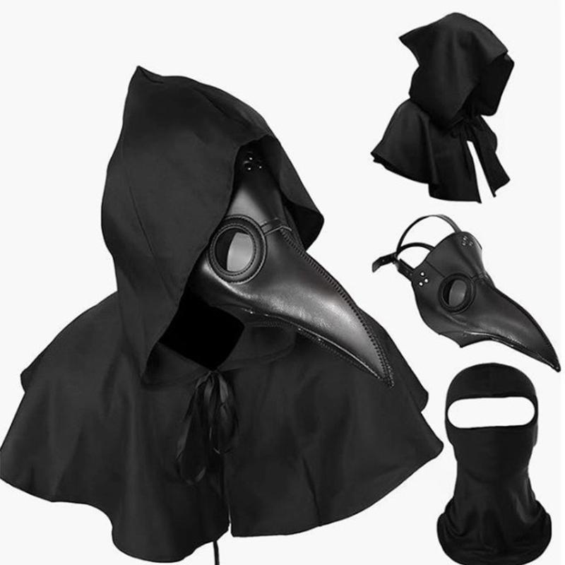 Medieval Plague Doctor Costume Kit Black Hood Cloak Crow Beak Leather Mask Balaclava Steampunk Halloween Horror Cosplay props