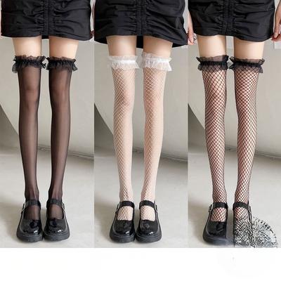 Mesh Stockings Black Lace Hollow Stockings Women'S Thin Lolita Mesh Socks Black And White Lace Knee Socks Black