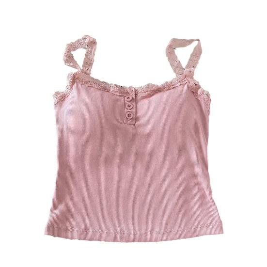 Women Sling Vest Pure Color Lace Splicing Bottom Tops with Built-in Chest Pad Soft Stretchy Camisole Work Party Vacation Wear
