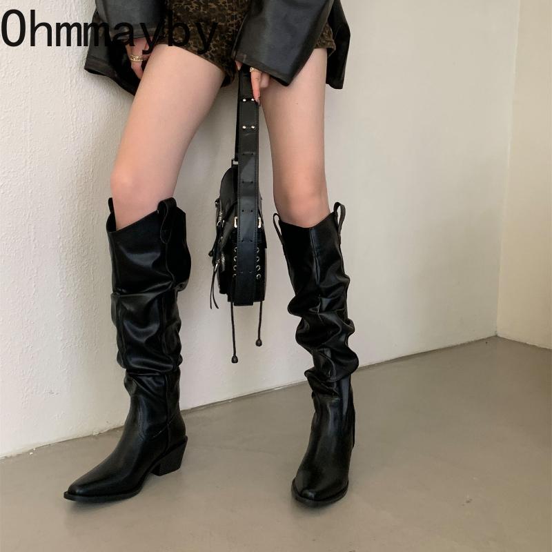 Retro Pointed Toe Pleated Women Western Cowboy Concise Thick Heels Female Slip on Long Booties De Muje