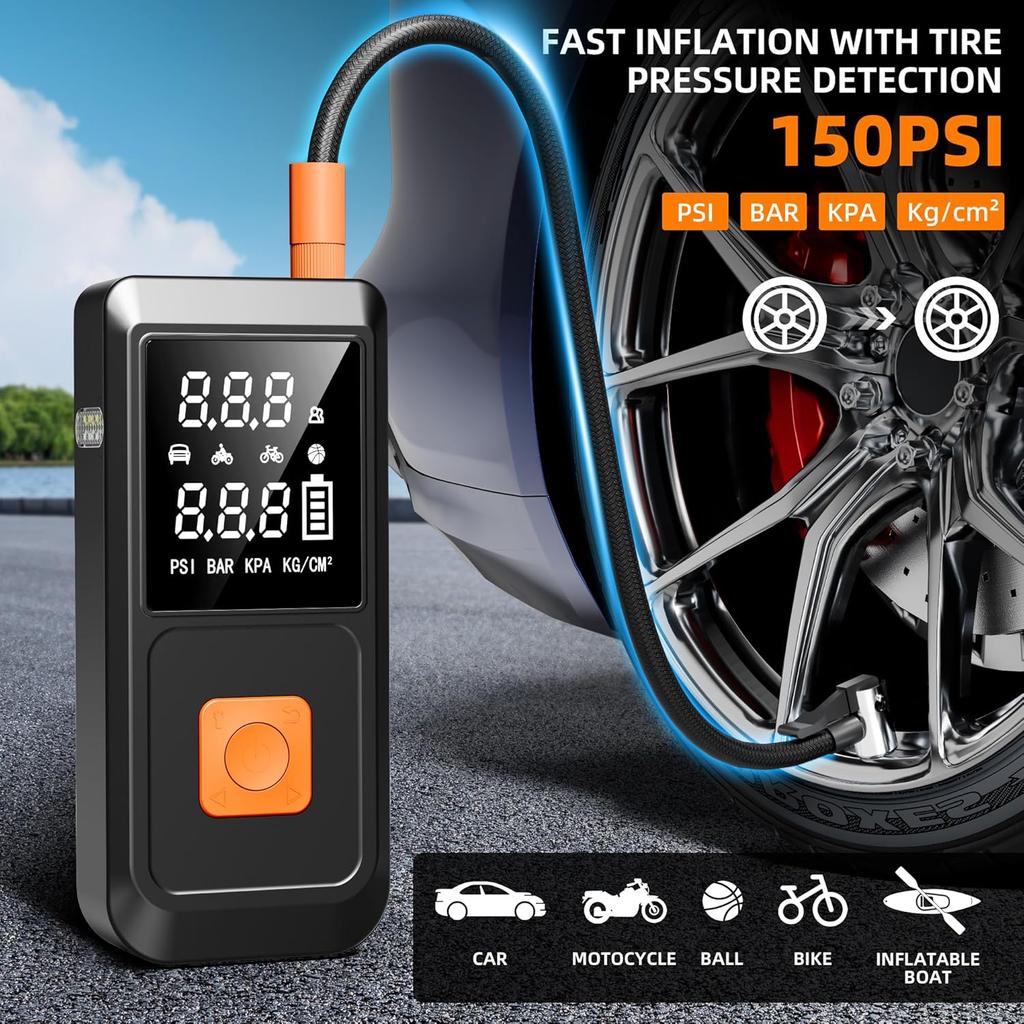 Startovací zdroj pro auto s kompresorem 150PSI, přenosný, 12V startovací box s chytrými startovacími kabely, displej tlaku v pneumatikách