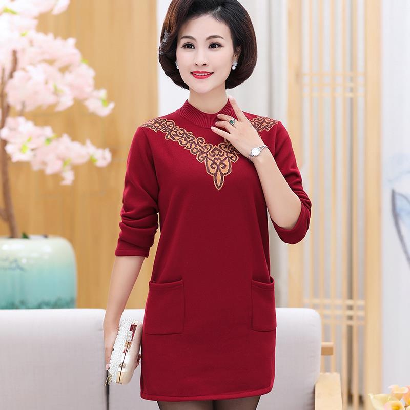 

Мамин теплый бархатный свитер большого размера - С длинным рукавом, средней длины, осенне-зимняя базовая рубашка для женщин среднего возраста XXL (130-140 kg)