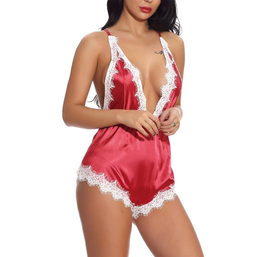 New Women's Underwear Pajamas Deep V-neck Silk Bodysuit Lace Sexy Lingerie