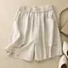 Women's 2024 Retro Cotton-Linen Elastic Waist Shorts with Large Pockets, Wide-Leg, Slimming, Straight-Leg, Versatile Design