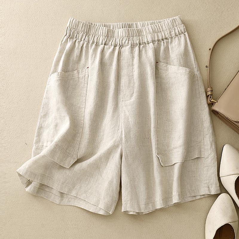 Women's 2024 Retro Cotton-Linen Elastic Waist Shorts with Large Pockets, Wide-Leg, Slimming, Straight-Leg, Versatile Design