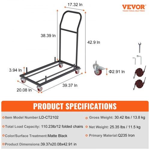 VEVOR Folding Chair Dolly, Iron Commercial Cart with 12 Chairs Capacity, Folding Chairs Rack Trolley with 4 Casters