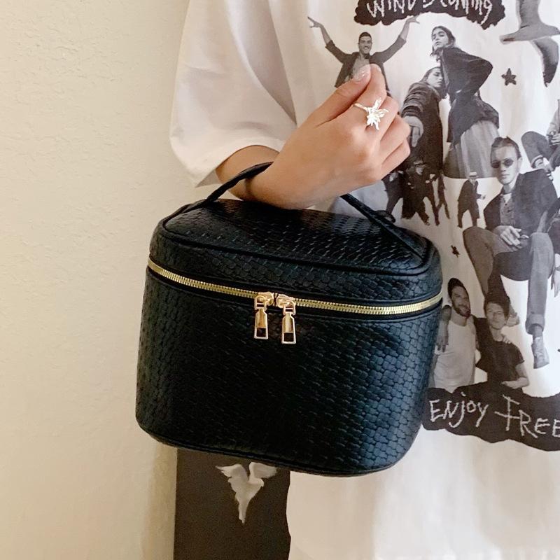 New Portable Storage Bag Pu Woven Cosmetic Bag Large Capacity Double Zipper Head Portable Travel Box Bag