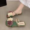 2025 summer Korean version of the national style flower green slippers purchase fashion flat bottom with two sandals