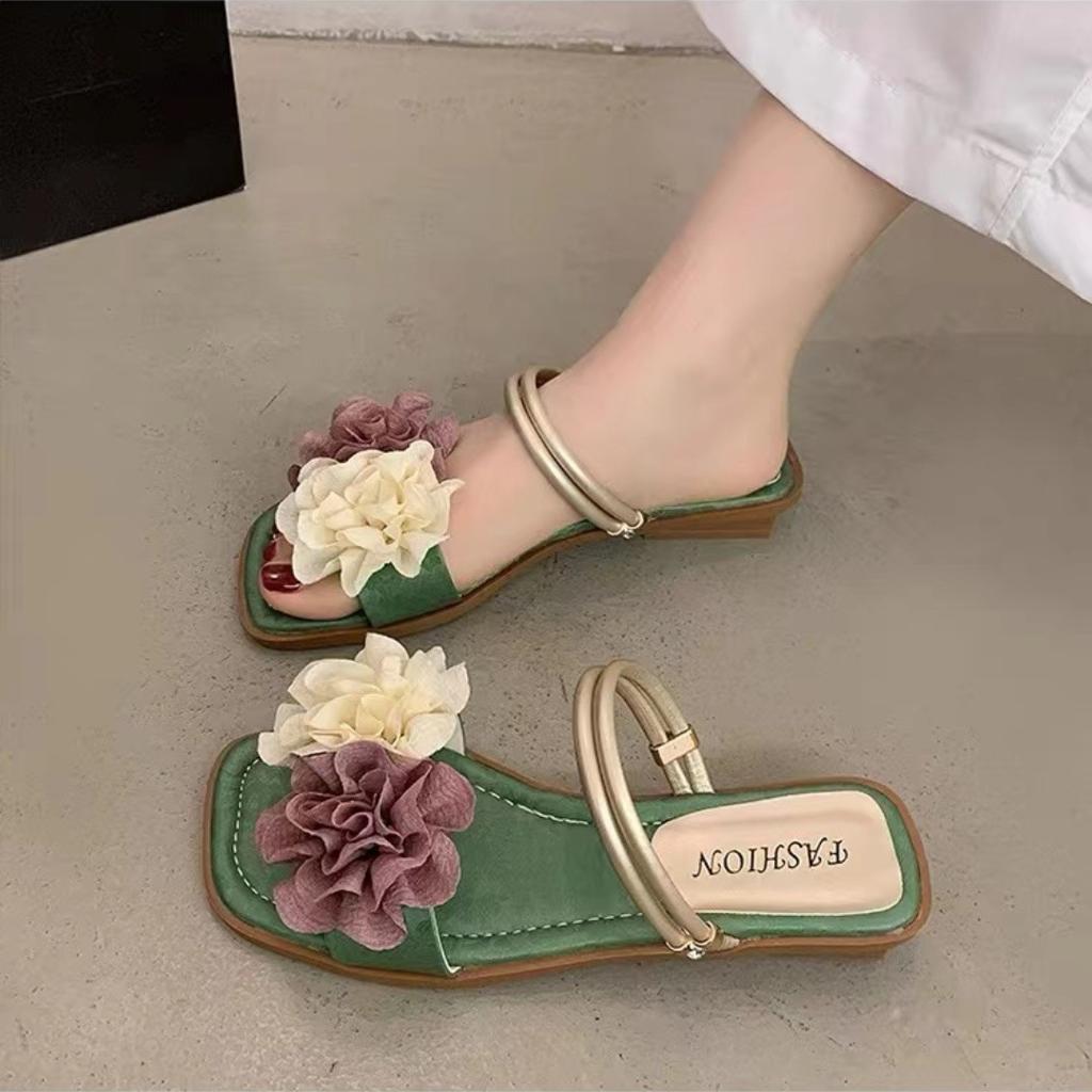 2025 summer Korean version of the national style flower green slippers purchase fashion flat bottom with two sandals