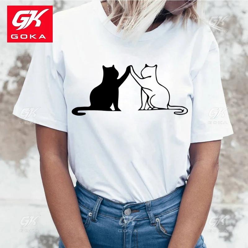 

Cute Cat Cottn T Shirt for Women Summer Tee Shirt Femme Casual Short Sleeve Round Neck Tops Unisex Harajuku Hip Hop T Shirts S