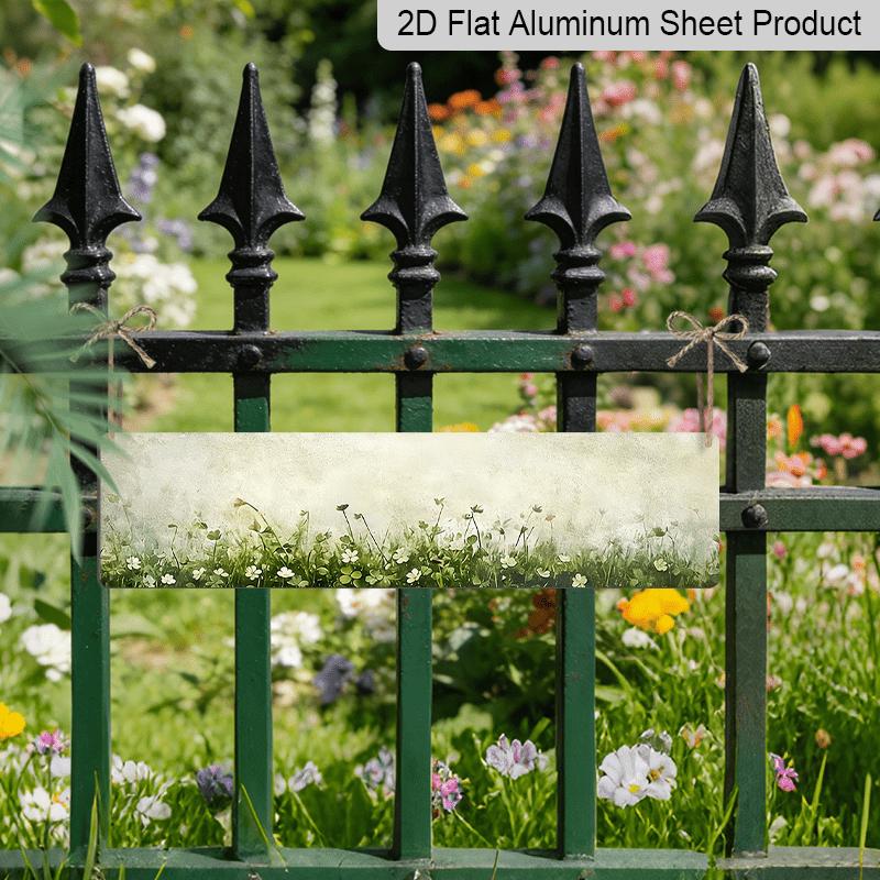 2D Flat, 1pc, Rustic, White Flowers and Green Clover Field on Textured Background, Aluminium Decorative Sign, Meadow Nature Landscape, Wall Art