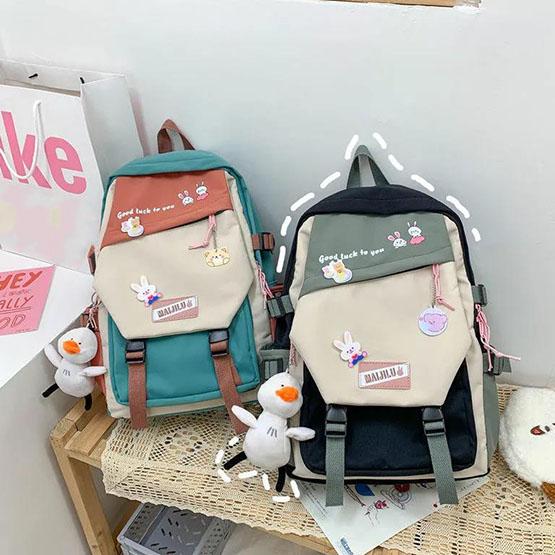 Încântător cu pandantiv de rață ghiozdan impermeabil, insigne drăguțe pentru fete, rucsac din nailon, în stil preppy, rucsac de culoare contrastantă, versatil