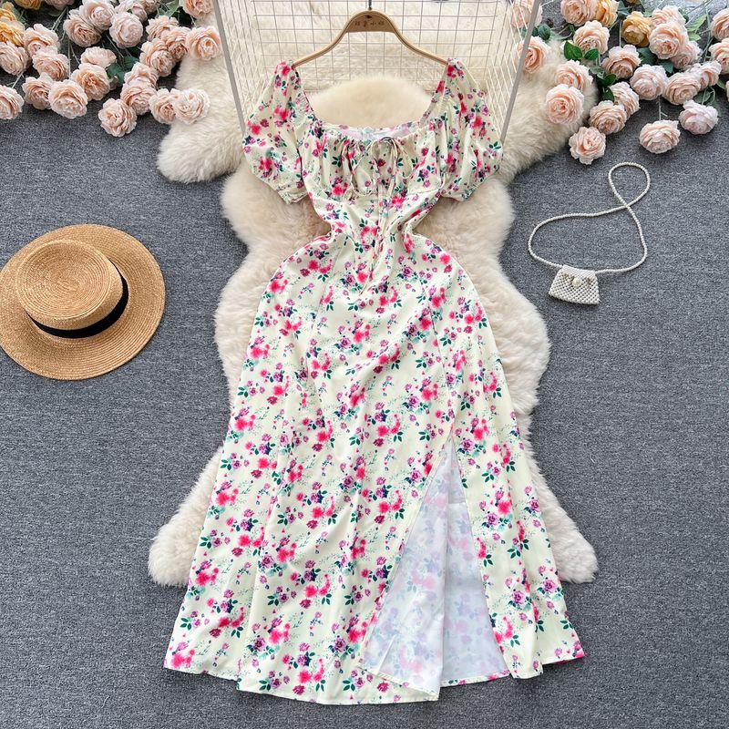 Puff Sleeves Summer Slimming Mori Style Split Dress