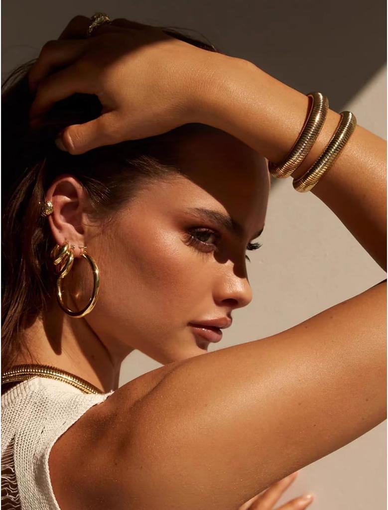 Bracciali a Bangles Elastici Spessi da 10 mm per Donna Acciaio Inossidabile Placcato Oro 18K Catena a Maglie Braccialetto Largo Flessibile Gioielli Regali