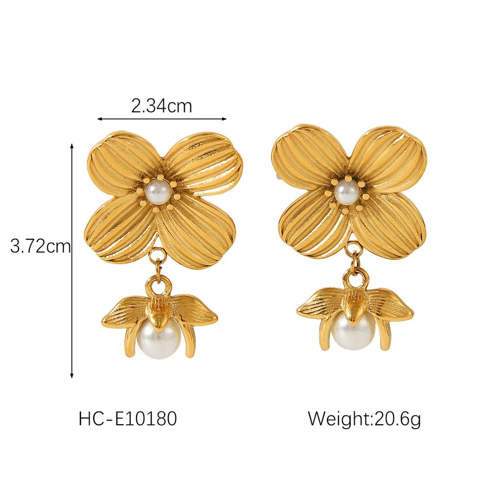 French Style 18K Gold Stainless Steel Flower Studs, Fashionable Retro Elegant Pearl Earrings for Women
